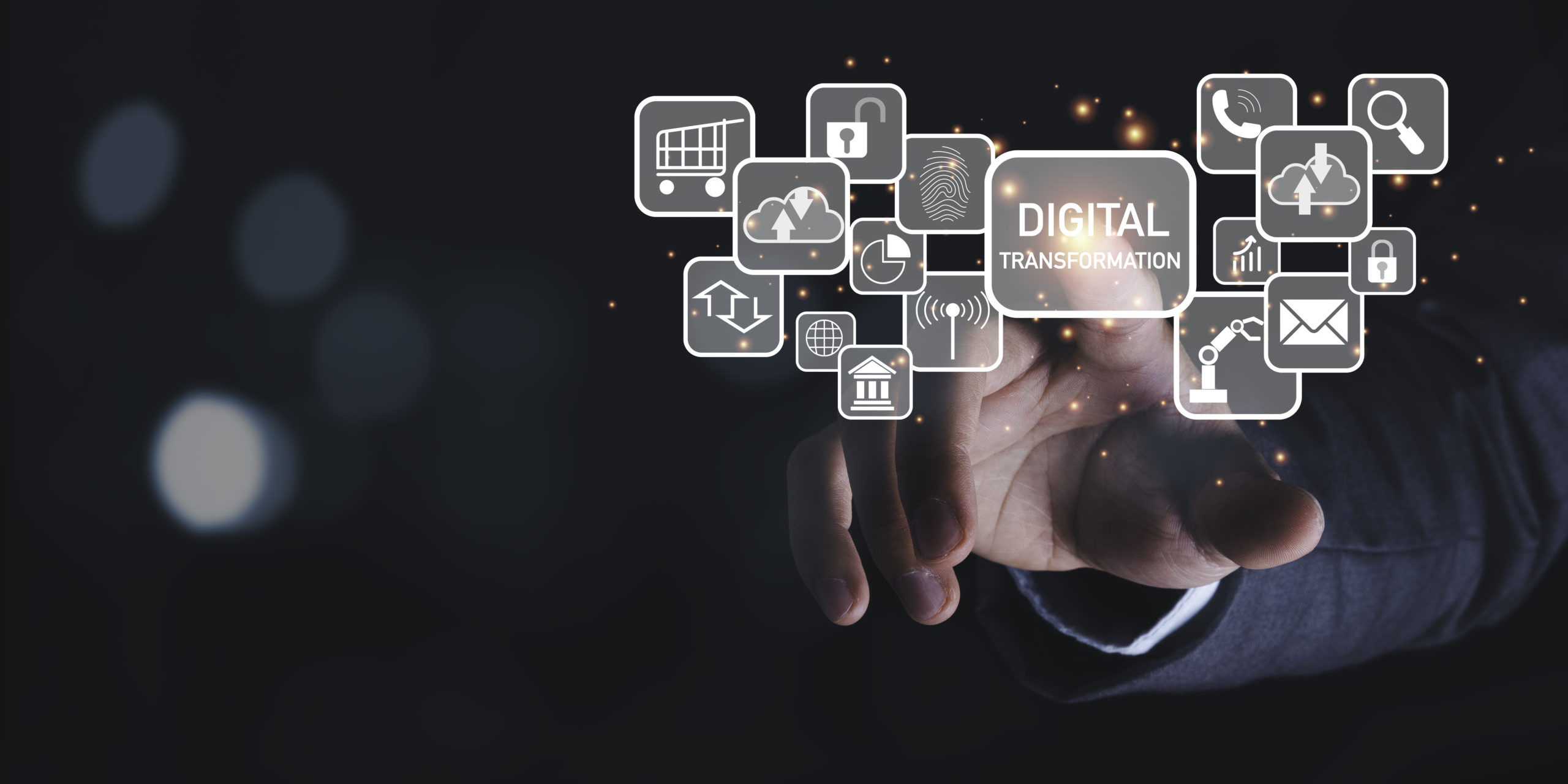 Businessman touching to virtual screen of digital transformation