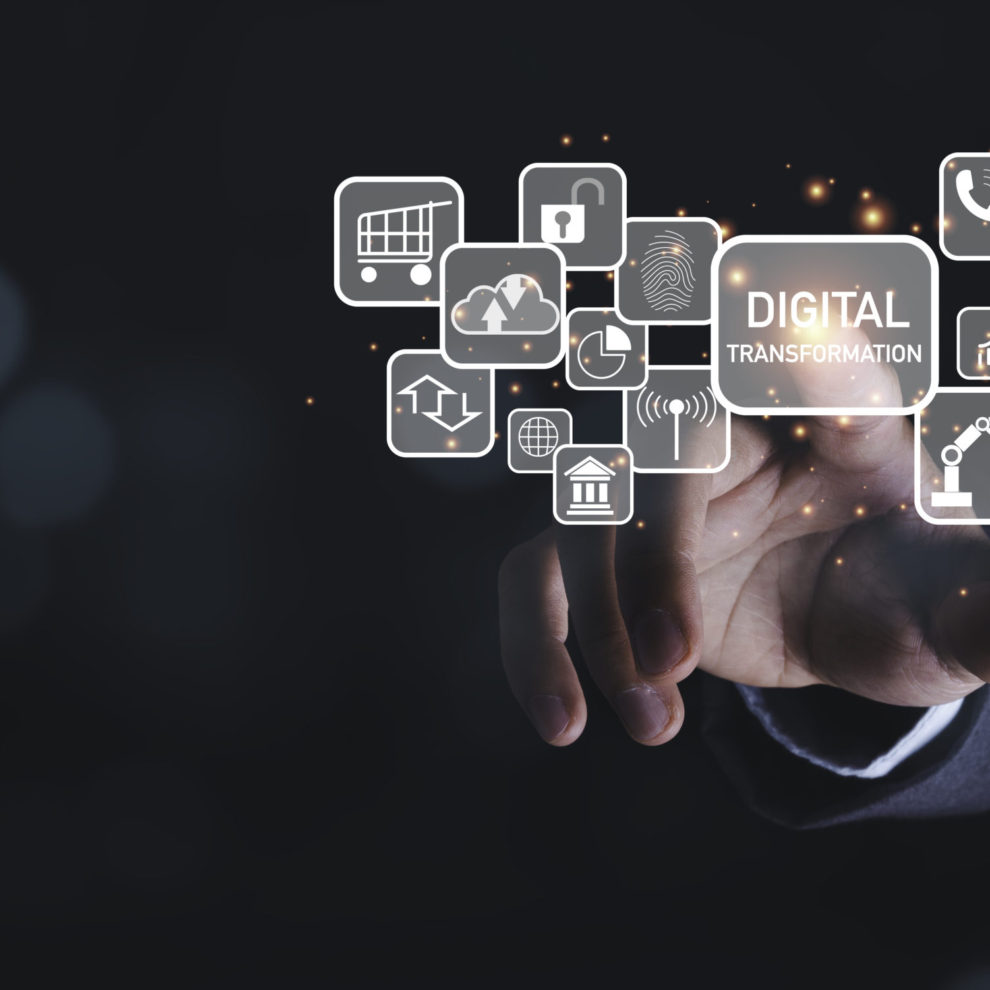 Businessman touching to virtual screen of digital transformation