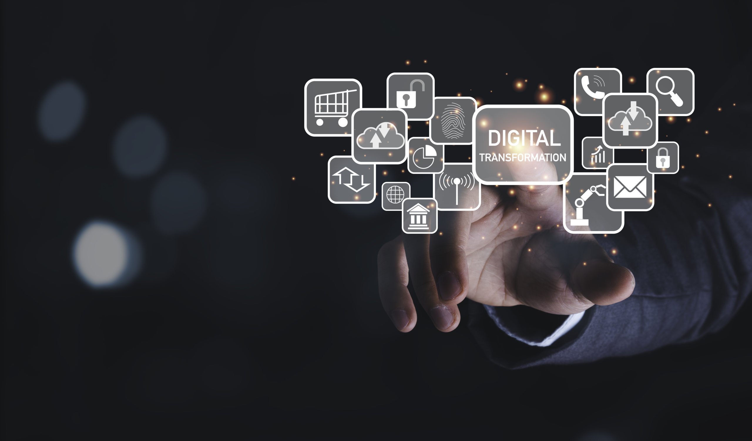 Businessman touching to virtual screen of digital transformation
